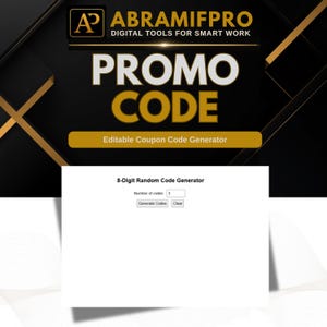 Può includere: Un'interfaccia di strumento digitale intitolata ABRAMIFPRO DIGITAL TOOLS FOR SMART WORK con un'intestazione PROMO CODE e un pulsante Editable Coupon Code Generator. Sotto, un modulo 8-Digit Random Code Generator include un campo di input.