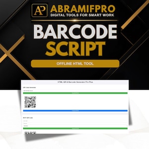 May include: A digital tool interface titled HTML QR & Barcode Generator Pro Plus featuring a QR code generator and Wi-Fi QR code section. The header displays ABRAMIFPRO DIGITAL TOOLS FOR SMART WORK, BARCODE SCRIPT, and OFFLINE HTML TOOL.