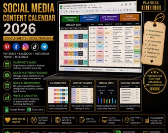 Social Media Content Calendar 2026 | Google Sheets Template | Pinterest Facebook Instagram TikTok Telegram Planner