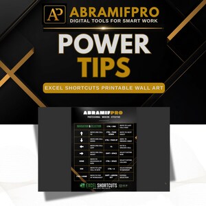 Könnte beinhalten: Ein schwarz-goldener digitaler Wandkunstdruck mit dem Titel POWER TIPS, der eine Tabelle mit Excel-Tastenkombinationen zeigt. Der Text enthält Navigations- und Auswahlbefehle wie CTRL+END, SHIFT+SPACE und CTRL+A, angeordnet in einem Raster auf dunklem Grund.