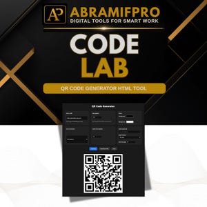 May include: A digital tool interface titled ABRAMIFPRO CODE LAB QR CODE GENERATOR HTML TOOL. The display features a QR code generator form with input fields for text, URL, size, colors, error correction, and labels, ending with a QR code graphic.