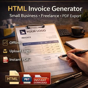 Könnte beinhalten: Ein Klemmbrett mit einer Rechnung, mit dem Text "HTML Invoice Generator" und "Small Business • Freelance • PDF Export." Die Rechnung enthält Felder für Beschreibung, Menge, Rate, Steuer und Betrag. Eine Hand hält einen Stift.