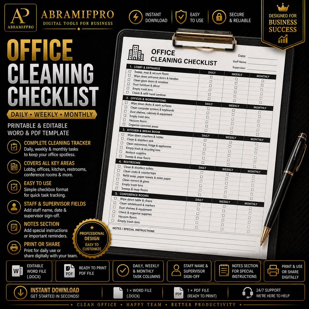 Office Cleaning Checklist Printable Daily Weekly Monthly Planner Word ...