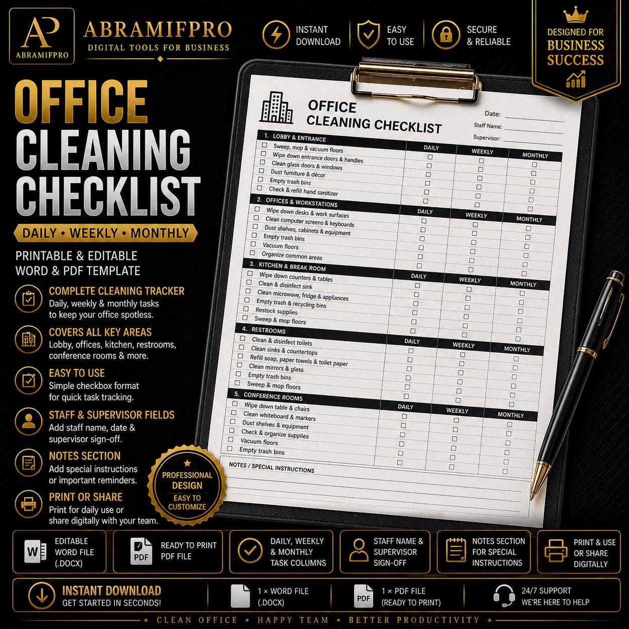 Office Cleaning Checklist Printable Daily Weekly Monthly Planner Word ...