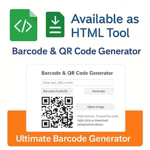 Op de afbeelding: Een digitale afbeelding die een Barcode & QR Code Generator promoot. De afbeelding toont een witte doos met een QR-code, tekstvelden en een genereerknop. De tekst luidt "Beschikbaar als HTML Tool" en "Ultimate Barcode Generator".