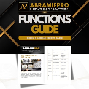 May include: A digital guide titled ABRAMIFPRO FUNCTIONS GUIDE for Excel and Google Sheets. The document features a table listing functions like SUM, SUMIF, AVERAGE, MEDIAN, COUNT, COUNTA, and COUNTIF with their syntax and usage descriptions.