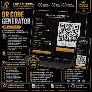 Op de afbeelding: Promotionele afbeelding voor een QR-code generator, met een laptop en smartphone die een QR-code weergeven. De afbeelding benadrukt direct downloaden, gebruiksgemak en veiligheid. Ontworpen voor zakelijk succes en diverse toepassingen.