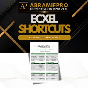 Op de afbeelding: Een digitaal spiekbriefje getiteld Excel Shortcuts Cheat Sheet PRO Advanced, met een witte achtergrond met groene koppen en georganiseerde tabellen met sneltoetsen voor navigatie, bewerking, opmaak, formules en rijen en kolommen.