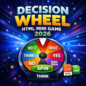 May include: A colourful graphic for an HTML mini-game. The image shows a decision wheel with segments labelled "Do It," "Wait," "Yes," "Bad Idea," "No," and "Think." The text "Decision Wheel" and "HTML Mini Game 2026" are displayed.