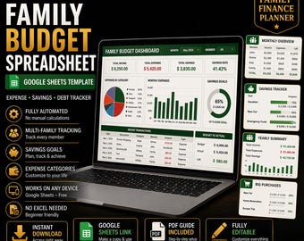 Family Budget Spreadsheet Google Sheets | Monthly Tracker, Expense & Savings Planner, Debt Organizer