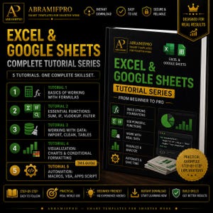 May include: A book cover for an Excel and Google Sheets tutorial series. The cover is black and gold, with the title in large white letters. The book promises to teach the basics of formulas, essential functions, working with data, visualization, and automation.