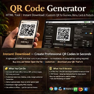 Generador de códigos QR HTML / Descarga instantánea / Códigos QR personalizados para negocios, menús, tarjetas y productos.