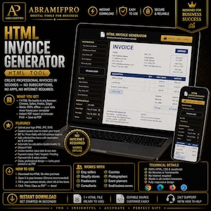 May include: A digital marketing graphic promoting an HTML invoice generator. The image shows a laptop and smartphone displaying invoice templates. Text highlights features like instant download, offline functionality, and customizable options for business success.