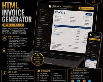 HTML Invoice Generator | Small Business, Freelance PDF Export (Instant Download)