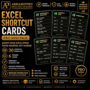 Könnte beinhalten: Excel-Shortcut-Karten, ein digitales Tool für Unternehmen, mit 30 essentiellen Shortcuts auf 6 Themenkarten. Enthält Formeln, Formatierung und Navigationstipps. Druckbare PNG-Dateien, A6-Format. Sofort-Download.