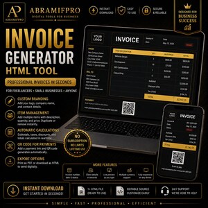 Pode incluir: Um gerador de faturas digital, Abramifpro, exibido em um laptop e smartphone. Oferece branding personalizado, cálculos automáticos e pagamentos com código QR. A interface mostra uma fatura com descrições de itens e totais.