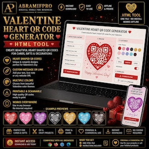 May include: A digital Valentine's Day heart QR code generator. The image shows a laptop and smartphone displaying heart-shaped QR codes in various colors. The software allows for custom messages and is printable.