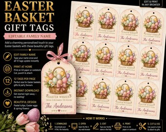 Easter Basket Gift Tags – Pastel Tulip Bouquet, Editable Family Name (Instant Download)