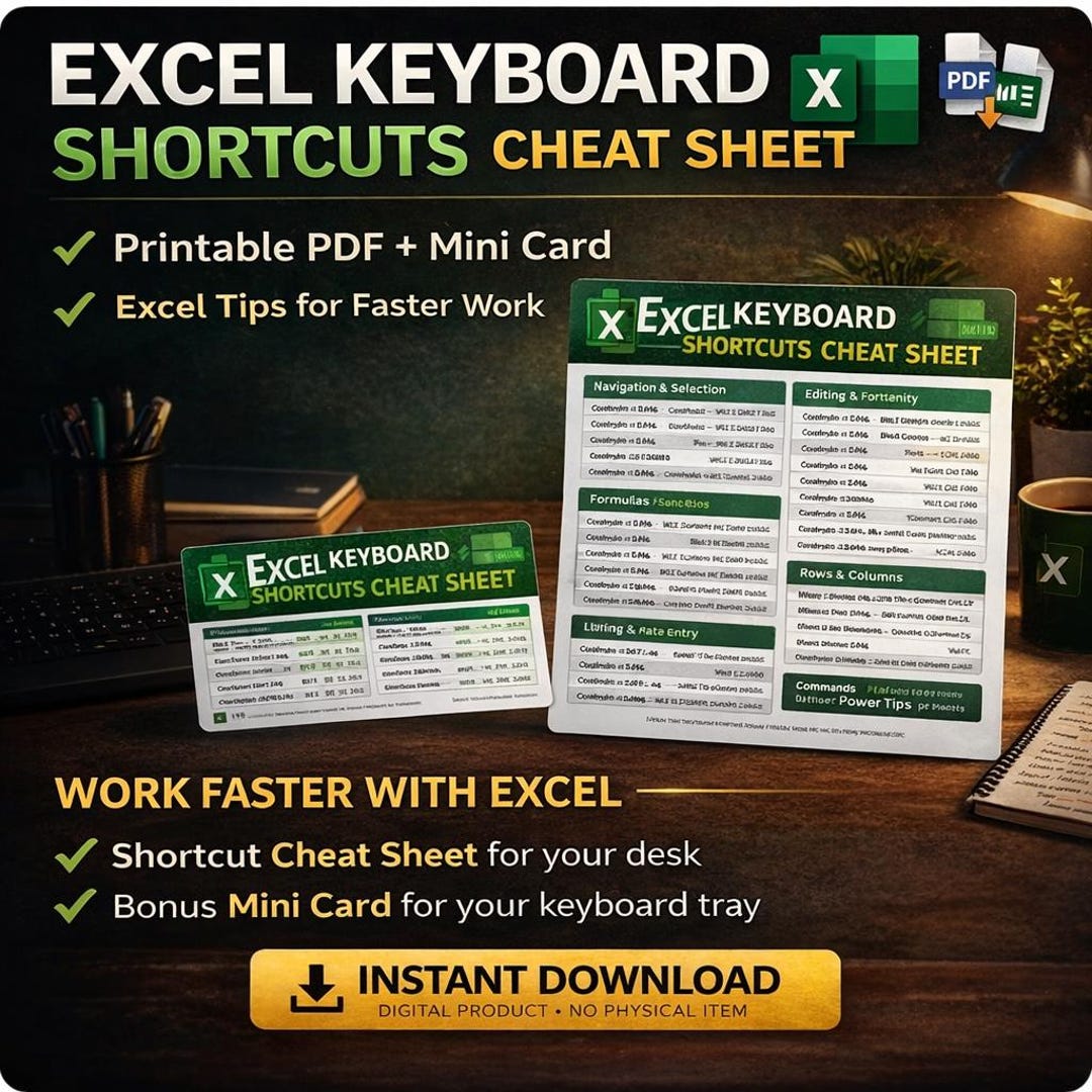 Excel Keyboard Shortcuts Cheat Sheet | Printable PDF + Mini Card ...