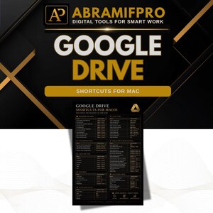May include: A black and gold digital reference guide titled ABRAMIFPRO DIGITAL TOOLS FOR SMART WORK GOOGLE DRIVE SHORTCUTS FOR MAC. The document features a comprehensive table listing various keyboard commands for macOS users to navigate.