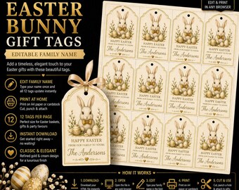 Easter Bunny Gift Tags – Classic Gold Cream, Editable Family Name (Instant Download)
