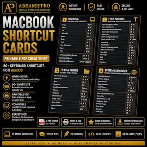 May include: A black and gold printable PDF cheat sheet for MacBook shortcuts. The card includes over 50 keyboard shortcuts for macOS, categorized for essential functions, text editing, files, finder, and system/browser commands. It is designed for students, designers, and developers.
