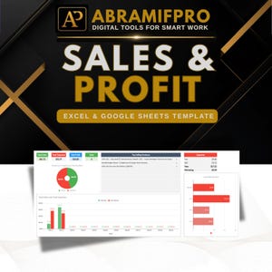 Può includere: Un modello digitale per il monitoraggio di vendite e profitti per Excel e Google Sheets di ABRAMIFPRO. L'interfaccia mostra dati finanziari tra cui vendite totali, spese, utile netto, prodotti più venduti e vari grafici e diagrammi.