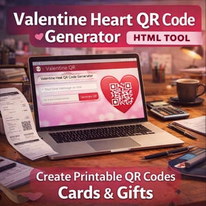 Puede incluir: Una computadora portátil muestra un generador de códigos QR de San Valentín con un código QR en forma de corazón. La pantalla muestra el texto "Valentine Heart QR Code Generator" y "Create Printable QR Codes Cards & Gifts."