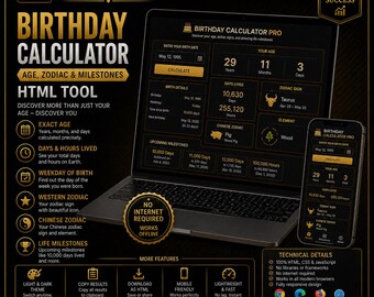 Birthday Calculator | Age, Zodiac & Milestones HTML Tool | Instant Download | Astrology Birthday Gift