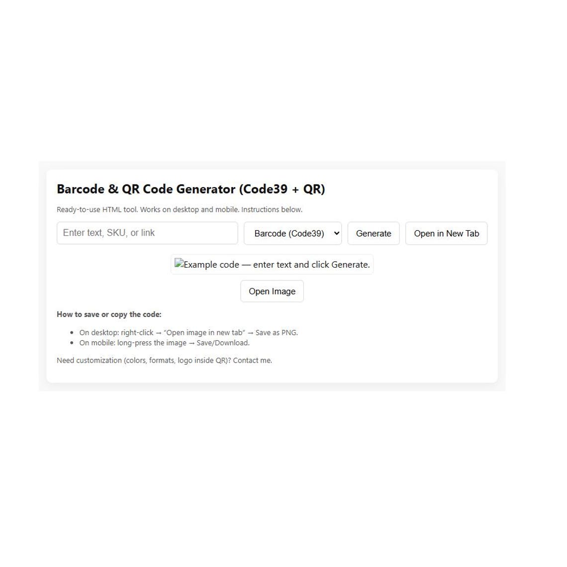HTML Tool — Barcode & QR Code Generator (code39 + QR) — Instant ...