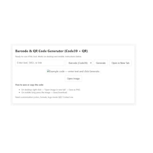 Op de afbeelding: Schermafbeelding van een webpagina met de titel "Barcode & QR Code Generator (Code39 + QR)". De pagina bevat invoervelden voor tekst, een vervolgkeuzemenu en knoppen om de afbeelding te genereren en in een nieuw tabblad te openen. Instructies zijn voorzien.