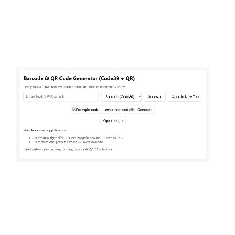 Op de afbeelding: Schermafbeelding van een webpagina met de titel "Barcode & QR Code Generator (Code39 + QR)". De pagina bevat invoervelden voor tekst, een vervolgkeuzemenu en knoppen om de afbeelding te genereren en in een nieuw tabblad te openen. Instructies zijn voorzien.