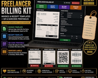 Freelancer Billing Kit | Invoice & Receipt Templates + QR and Barcode Printables | Digital Download