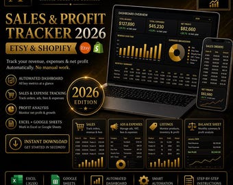 Sales and Profit Tracker 2026 – Etsy & Shopify | Excel + Google Sheets