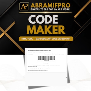 Può includere: Un'interfaccia digitale per lo strumento HTML Code Maker di ABRAMIFPRO, con un generatore di codici a barre e QR code. Lo schermo mostra un codice a barre numerato 050820226, un pulsante Open Image e le istruzioni per salvare il codice generato.