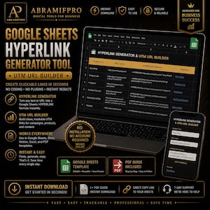 Op de afbeelding: Een digitale marketingtool weergegeven op een laptop en smartphone. De tool, ontworpen voor zakelijk succes, genereert hyperlinks en UTM-links binnen Google Sheets. De afbeelding bevat tekst zoals "Direct downloaden" en "Eenvoudig te gebruiken".