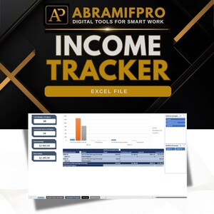 May include: A digital income tracker Excel file by ABRAMIFPRO featuring a dashboard with project metrics, a bar chart displaying earnings, and a table summarizing net earnings, total projects, and platform data in a professional black and gold layout.