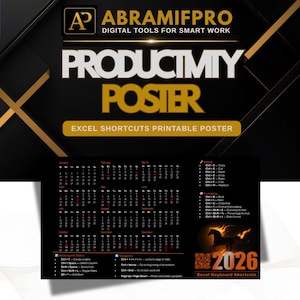 Op de afbeelding: Een zwarte en gouden digitale productiviteitsposter met een kalender voor 2026 en Excel-sneltoetsen. De tekst luidt ABRAMIFPRO DIGITAL TOOLS FOR SMART WORK, PRODUCTIVITY POSTER, EXCEL SHORTCUTS PRINTABLE POSTER en 2026 EXCEL KEYBOARD SHORTCUTS.