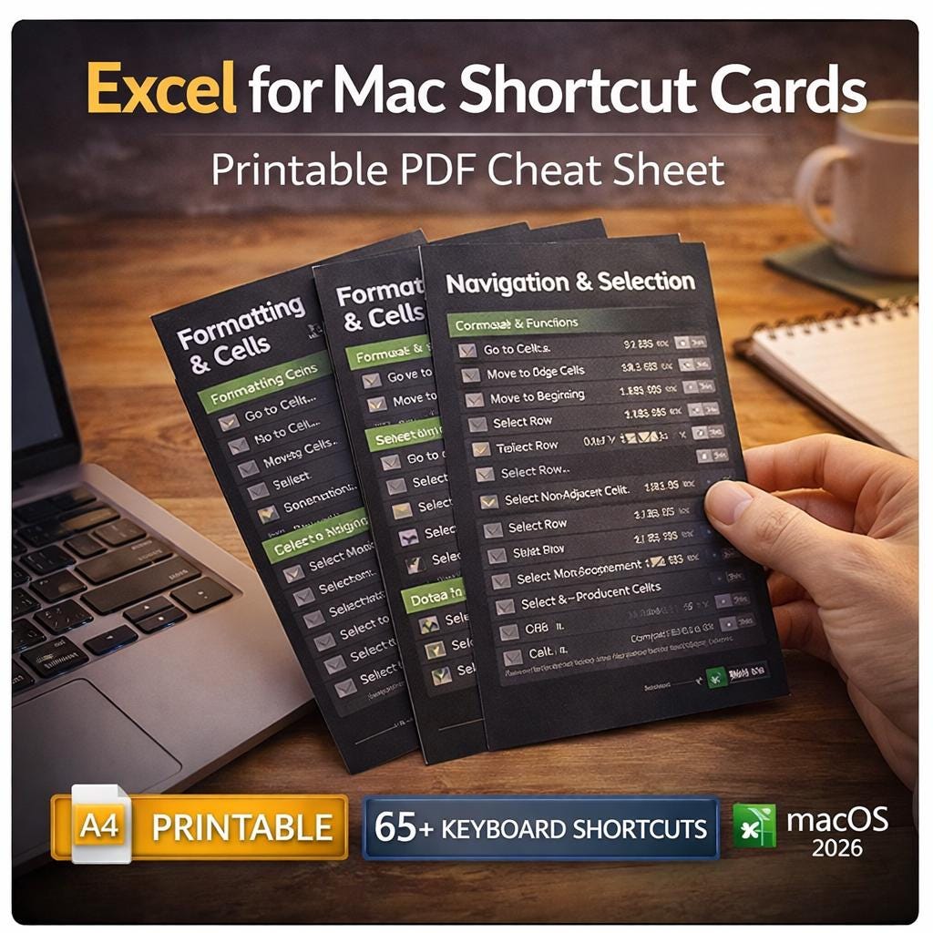 Excel for Mac Shortcut Cards | Printable PDF Cheat Sheet | 65+ Keyboard ...