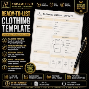May include: A digital clothing listing template with sections for item details, measurements, and photos. The template includes space for color, size, material, brand, and SKU/ID. A black pen rests on the template, which is designed for online marketplaces.