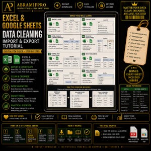 Könnte beinhalten: Ein digitales PDF-Handbuch für Excel- und Google Sheets-Datenbereinigung, Import und Export. Der Leitfaden enthält Schritt-für-Schritt-Anleitungen, Cheat Sheets und praktische Übungen. Es behandelt Themen wie Datenvalidierung, etc.