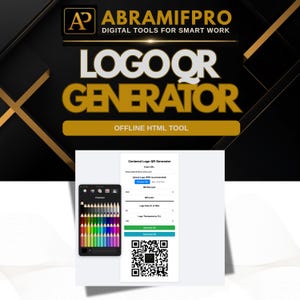 Puede incluir: Una interfaz de herramienta digital titulada Centered Logo QR Generator con campos para URL, carga de archivos, tamaño de QR, color, tamaño de logo y transparencia, con botones verdes y azules y un código QR en blanco y negro.