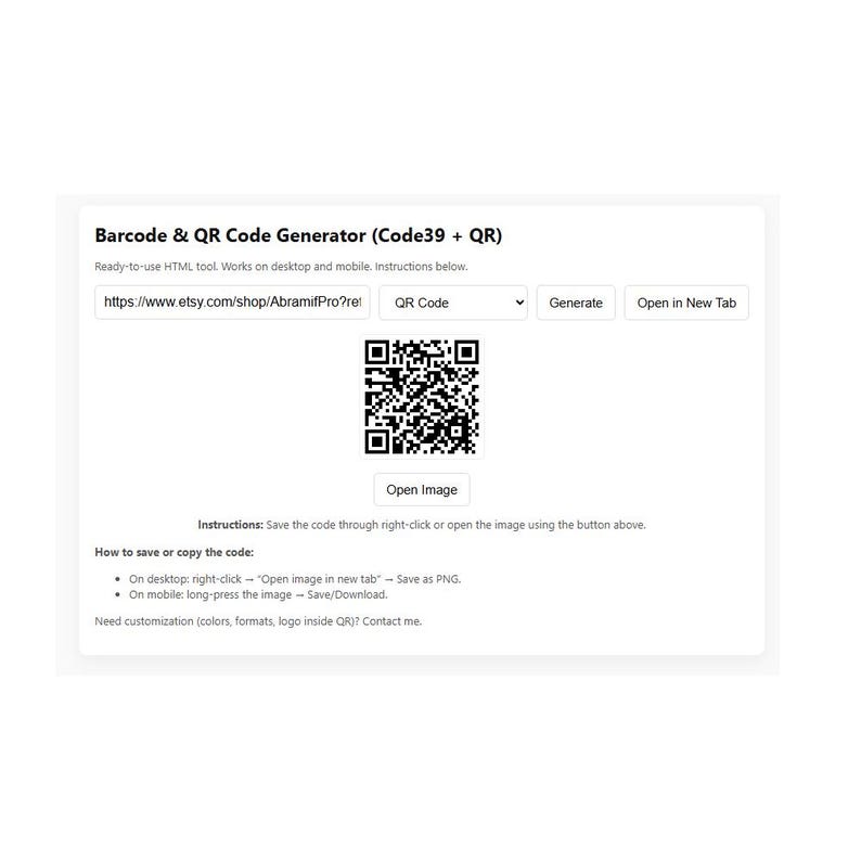 Op de afbeelding: Een witte webpagina getiteld "Barcode & QR Code Generator (Code39 + QR)" met een zwarte QR-code. De pagina bevat een link naar een Etsy-winkel en instructies over het opslaan van de code. Knoppen zijn onder meer "Genereren" en "Openen in nieuw tabblad."