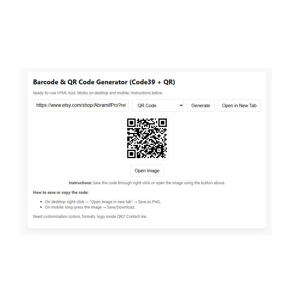 HTML Tool — Barcode & QR Code Generator (code39 + QR) — Instant ...
