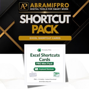 May include: A digital product display featuring the text ABRAMIFPRO DIGITAL TOOLS FOR SMART WORK and SHORTCUT PACK EXCEL SHORTCUT CARDS. Below, a white card displays Excel Shortcuts Cards PRO Mini Pack, Keyboard Shortcuts, and icons.