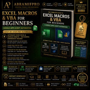 May include: A digital guide titled "Excel Macros & VBA for Beginners" with Google Apps Script automation. The cover features a black background with green and white text, and icons. Includes a PDF tutorial, cheat sheet, and step-by-step instructions for automating Excel and Google Sheets.