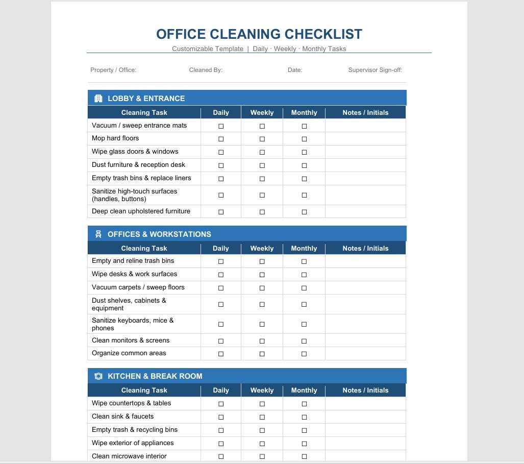 Office Cleaning Checklist Printable Daily Weekly Monthly Planner Word ...