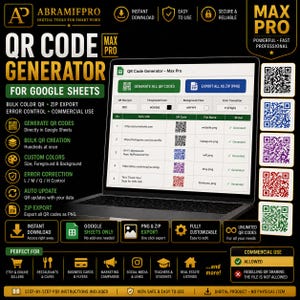 May include: A laptop screen shows a QR code generator interface. The software allows for bulk QR code creation, custom colours, and error correction. The image includes the text "QR Code Generator" and "Max Pro". The software is designed for Google Sheets.