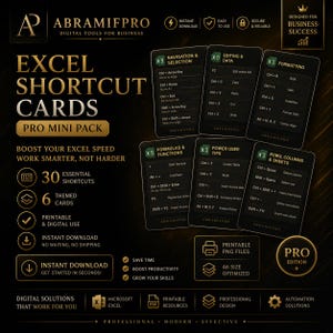 May include: Excel shortcut cards, a pro mini pack, designed for business success. The cards feature 30 essential shortcuts and 6 themed cards. The cards are printable and for digital use. The cards are A6 size optimized.