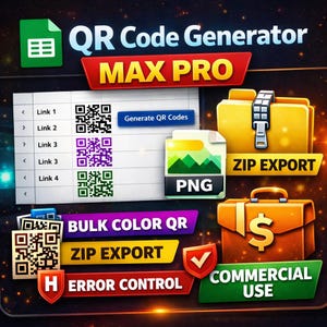 Peut inclure: Visuel promotionnel pour un générateur de codes QR MAX PRO. Comprend des codes QR couleur en masse, l'export ZIP et le contrôle des erreurs. L'image affiche une feuille de calcul avec des codes QR, une icône PNG et une mallette d'utilisation commerciale.